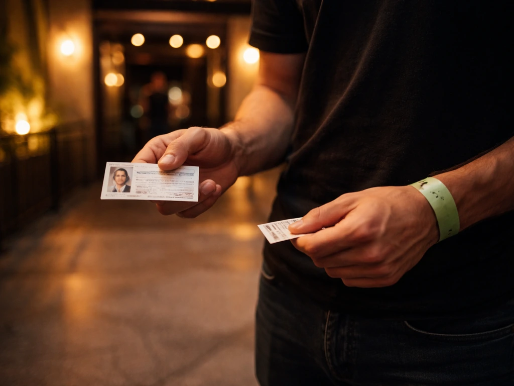 Minimal photo of a nightclub entrance with an open hand showing ID, suggesting age-check policy