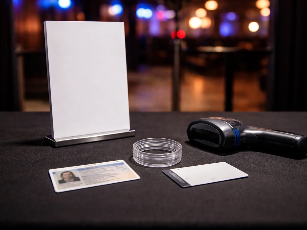 Hands-ready door check-in setup: ID card, wristband, and QR-style ticket on a table with a cover-charge placard.