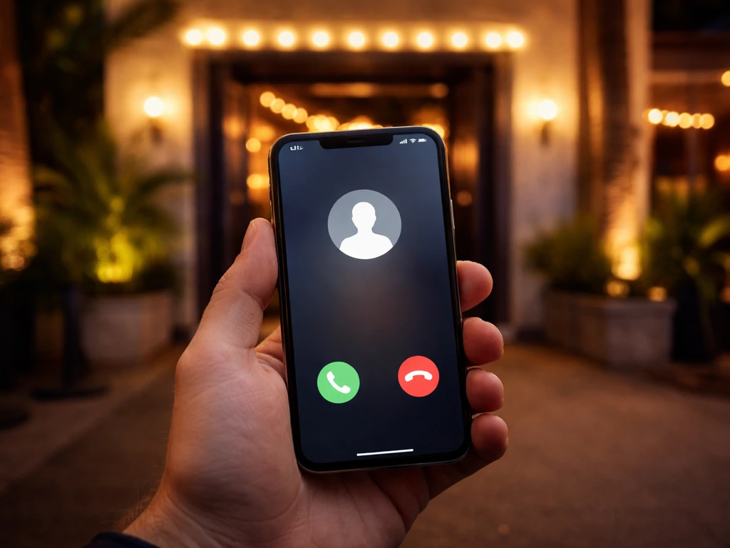 Minimal photo of a smartphone showing a call screen and a Las Vegas nightlife vibe at night outside a club entrance.