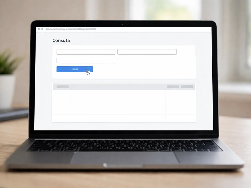 Laptop showing an official portal page mockup where to enter vehicle/CPF info to check status now.