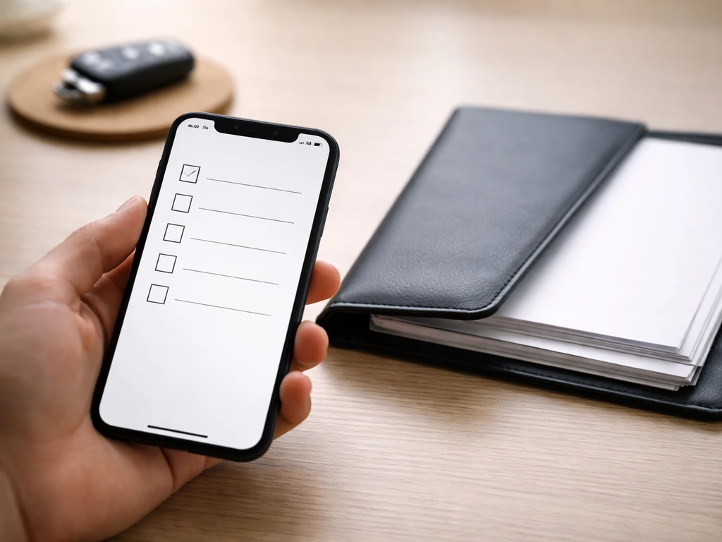 Phone with a generic checklist beside a vehicle document folder on a home desk.