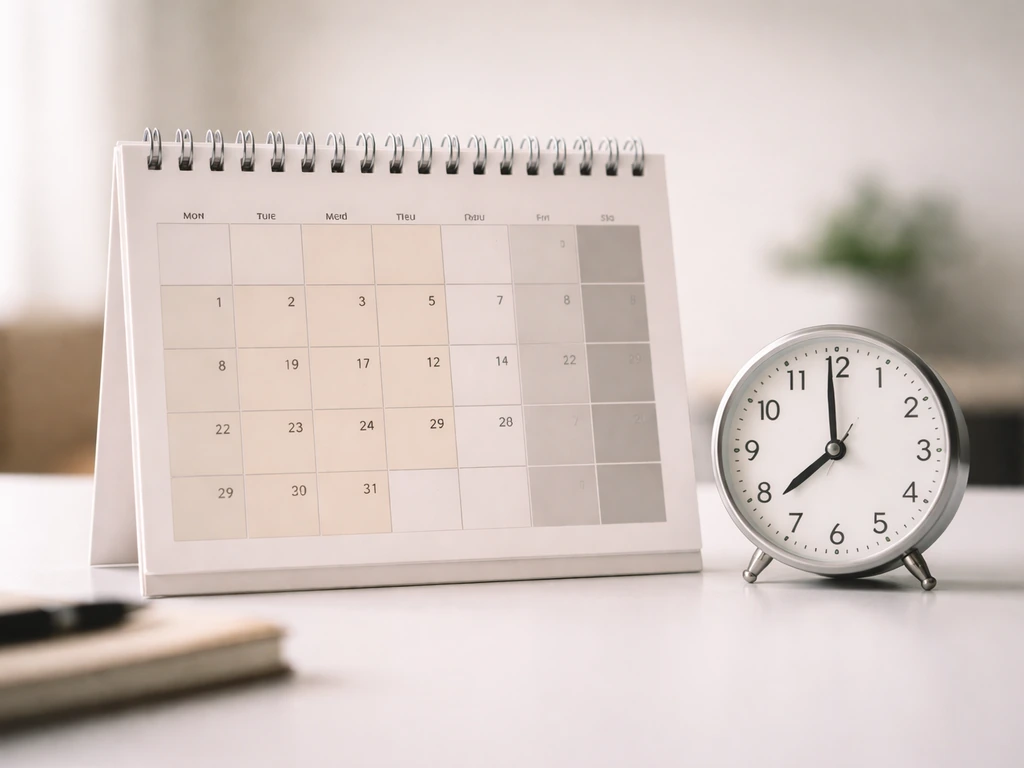 Close-up of a desk calendar and clock showing weekday hours and weekend closure status