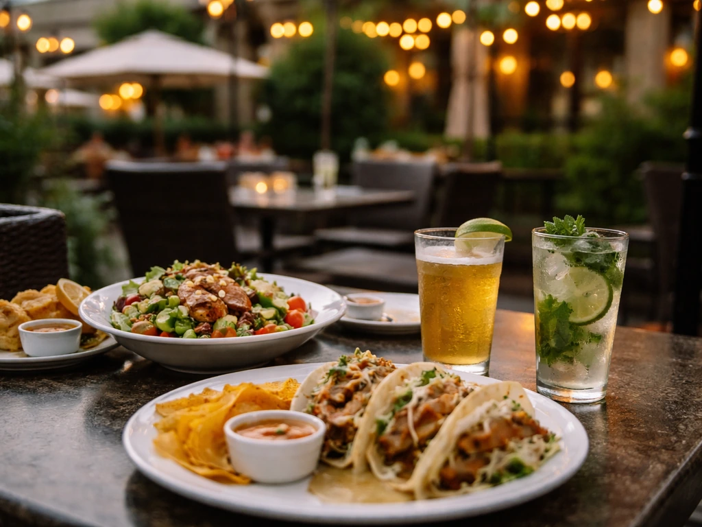 Outdoor patio table with plates and cold drinks, warm evening light, minimal no-people scene.