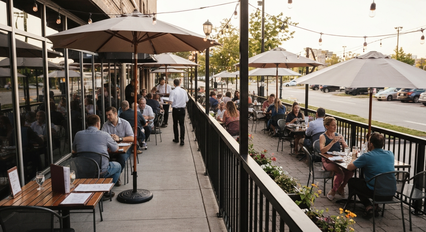 Ground-level restaurant patio adjacent to a building with tables on pavers, umbrellas, string lights, planters and diners enjoying food and drinks.