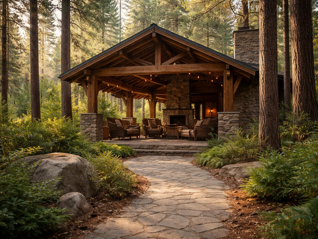 Covered cabin patio in a pine forest at Broken Bow, with warm natural light and outdoor seating.