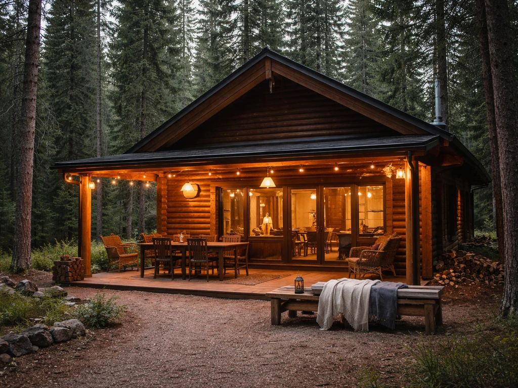 Covered outdoor patio and cabin rental among tall pine trees, with outdoor dining furniture.
