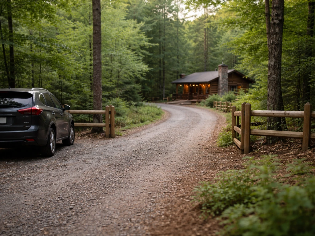 SUV parked on a cabin rental driveway leading to an open, private cabin entrance.