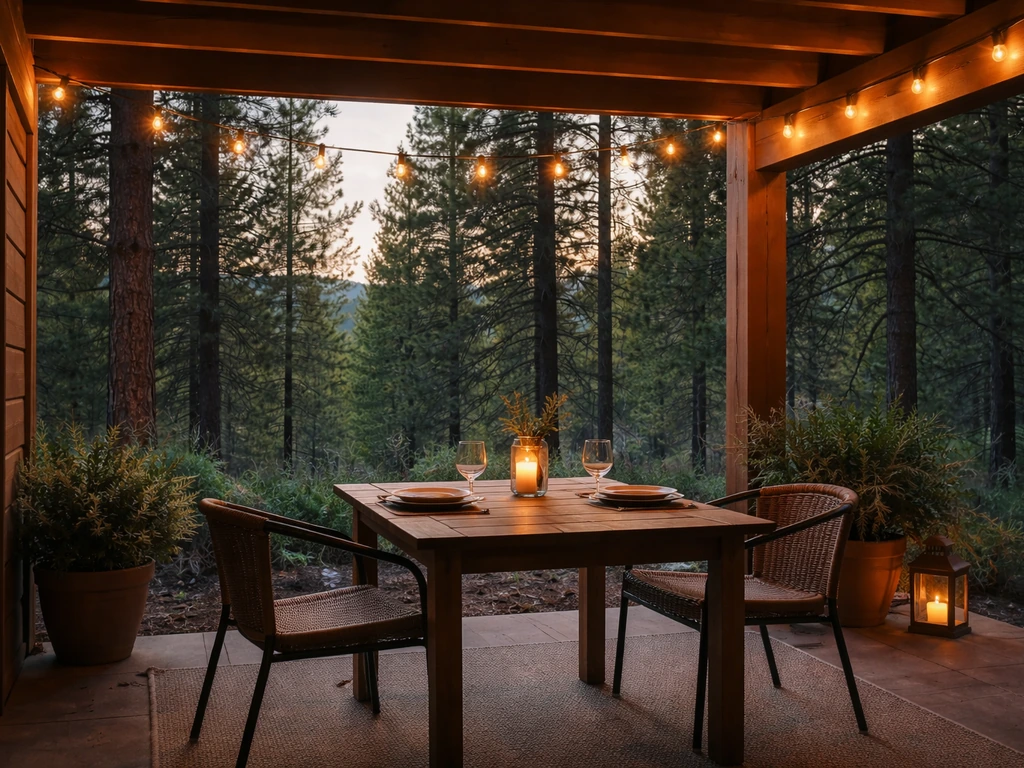 Covered patio dining table with warm lights and pine trees at dusk, cozy evening atmosphere.