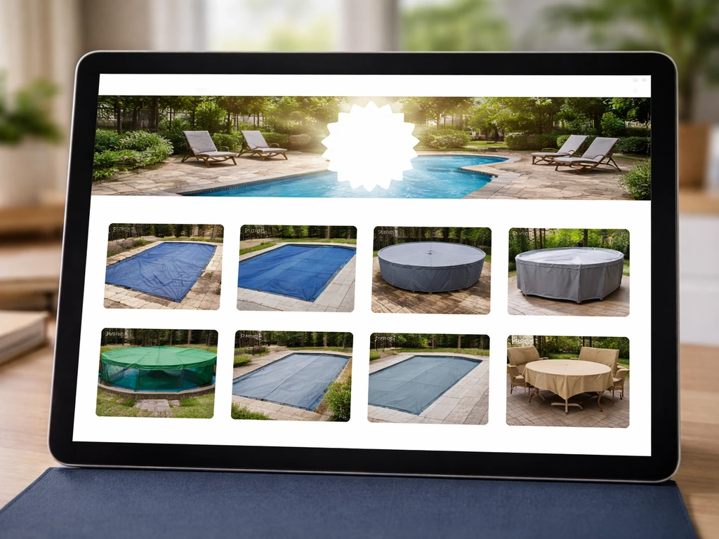 Close-up of a pool cover deals page on a laptop screen with a promo banner area visible, no readable text.