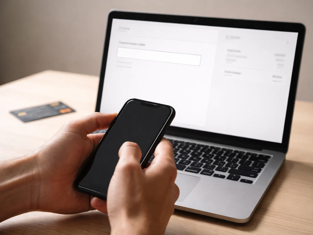 Hands over a laptop showing an empty promo code field on an e-commerce checkout page.