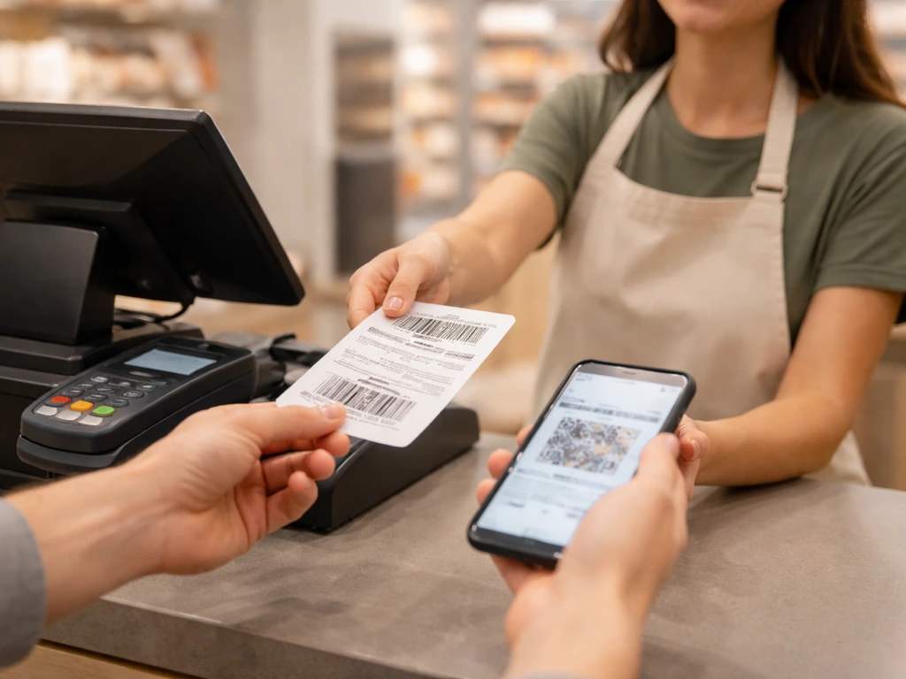 Shoppers hands present a printed coupon and phone to a cashier at a store checkout register