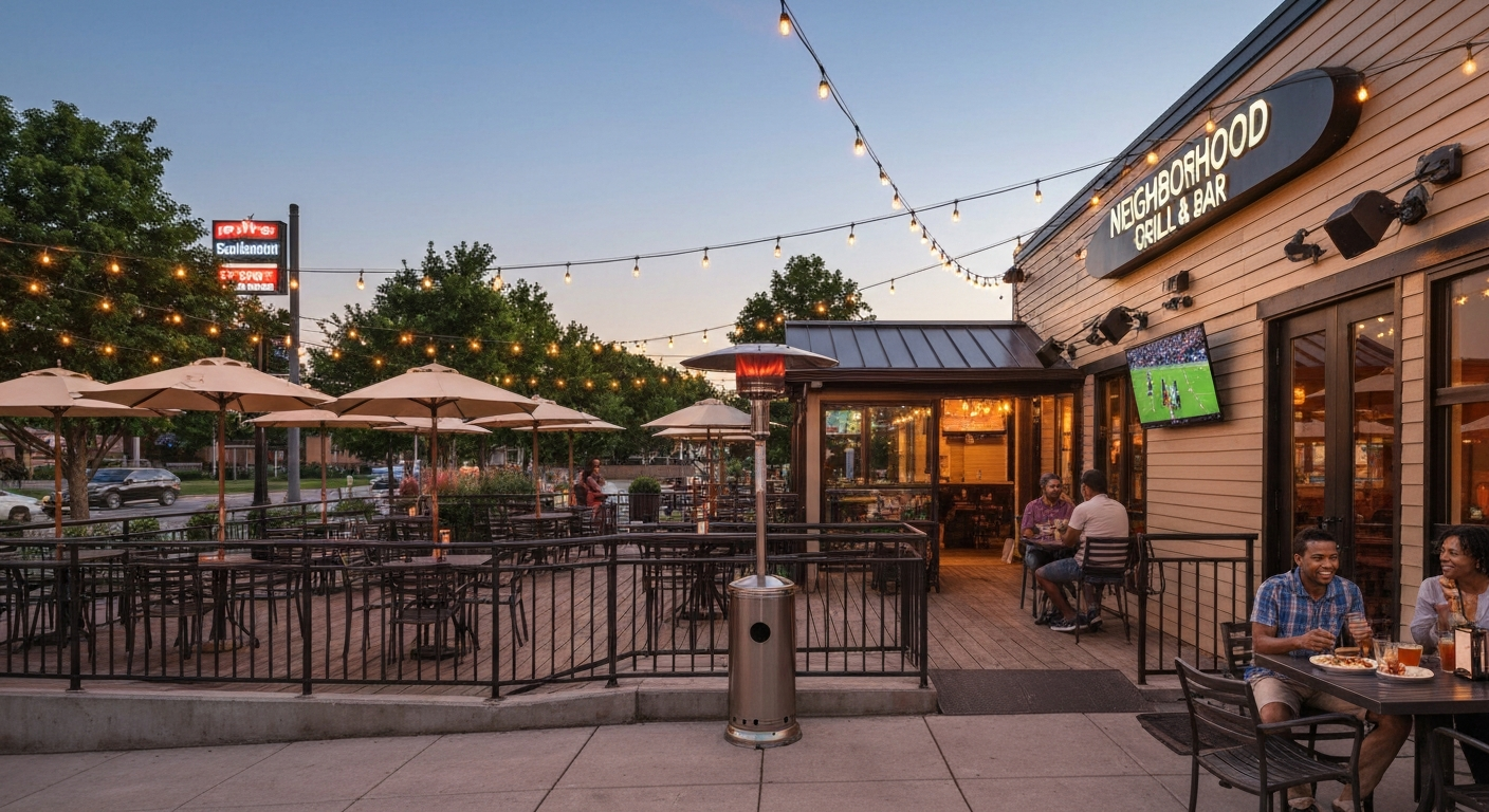 Warm, photorealistic patio of a neighborhood grill with umbrellas, string lights, heater, outdoor TV, accessible ramp, and diners.