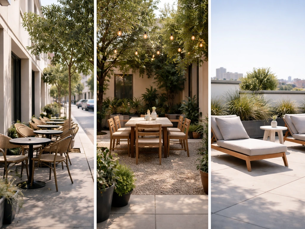 Three patio seating types shown: sidewalk café, courtyard dining, and an open-air rooftop lounge.