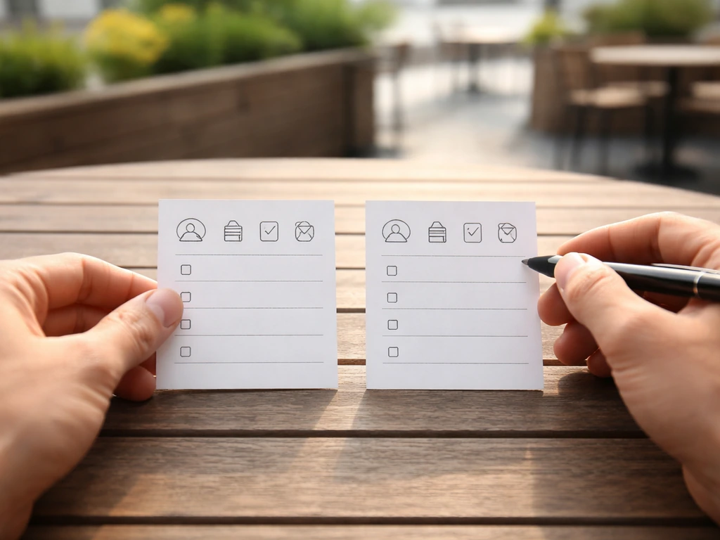Hands comparing two blank venue cards side-by-side on a wooden patio table.
