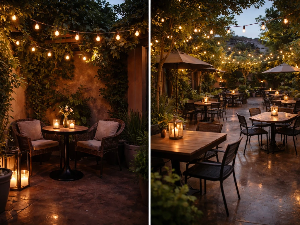 Split view of two empty patios: a cozy corner for a date night and a larger group seating area with warmer lighting.