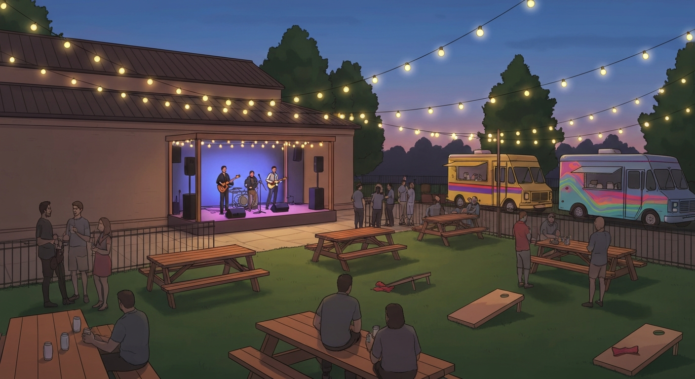 Illustration of a summer evening outdoor beer-garden patio with string lights, food trucks, live music on a small stage, and people enjoying drinks and lawn games — representing The Patio at Horsham.