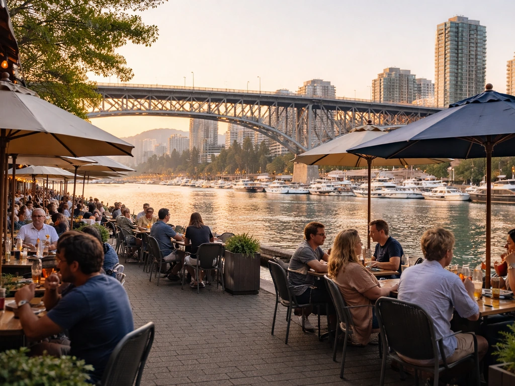 Lively Granville Island waterfront patio with outdoor tables and False Creek beneath the Granville Street Bridge.