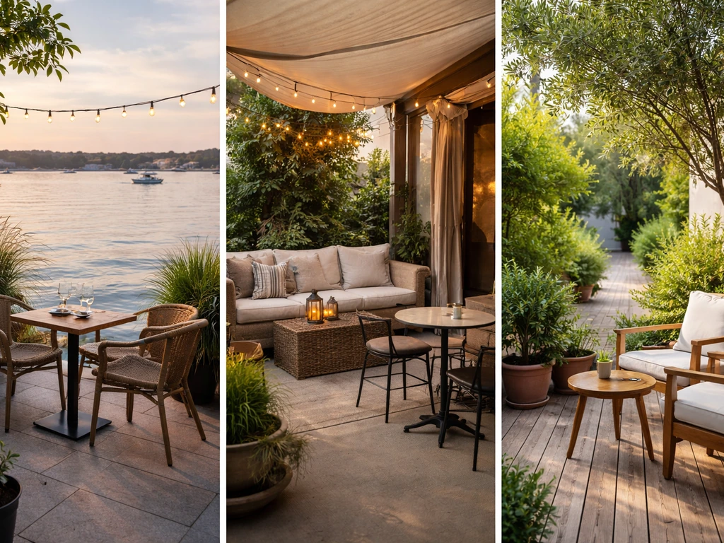 Three patio seating styles shown side-by-side: waterfront tables, covered seating, and a small deck area.