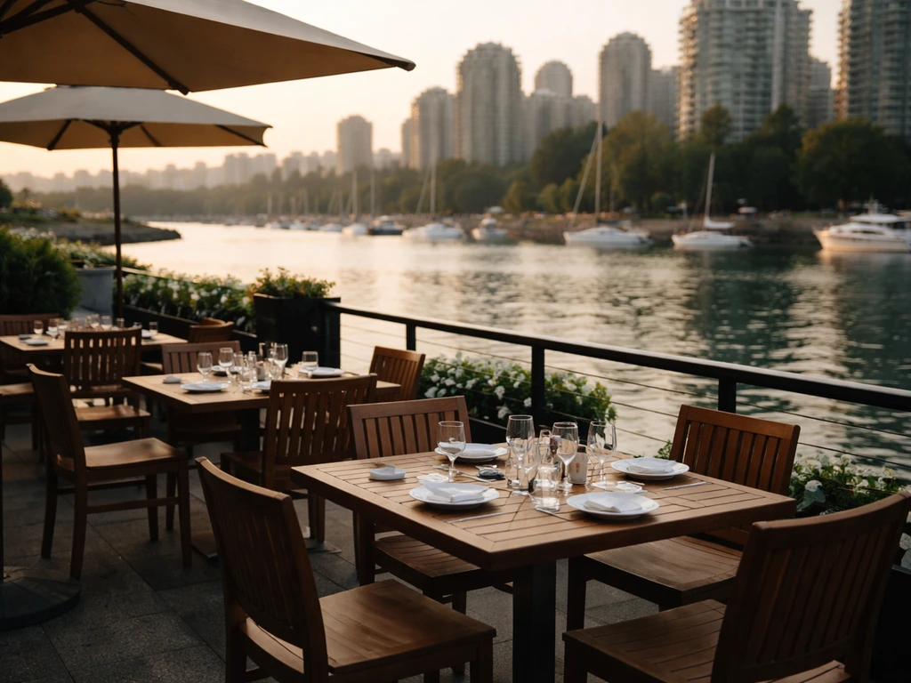 Outdoor dining patio at Dockside Restaurant with False Creek water view