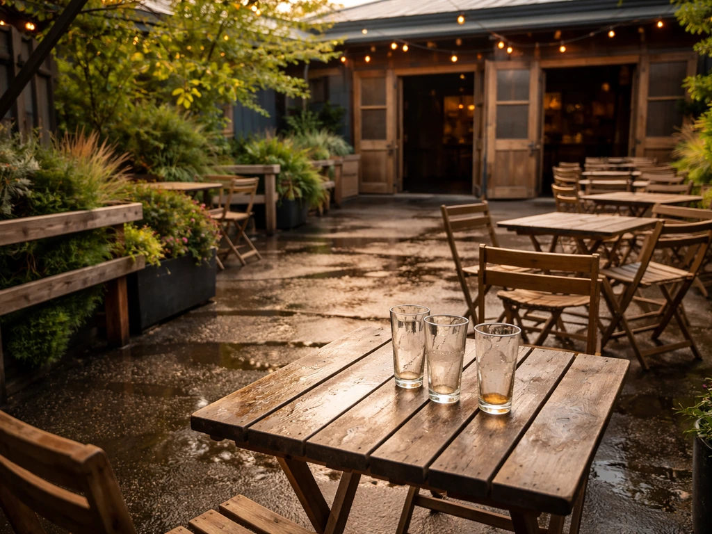 Empty outdoor seating patio at a craft brewery taproom with wooden tables, chairs, and pint glasses.