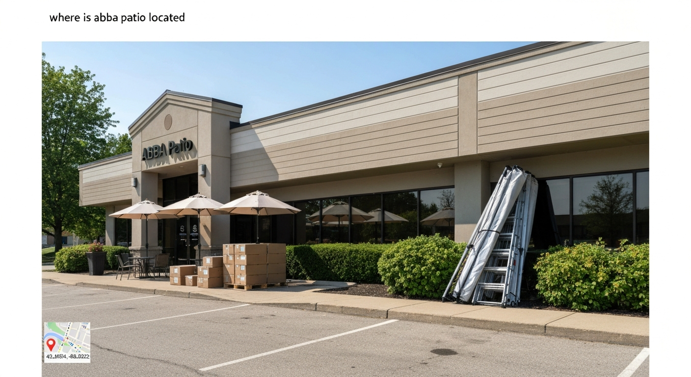 Photorealistic illustration of a suburban office building with a small 'ABBA Patio' sign, delivery boxes and patio umbrellas at the entrance, with a map-pin and coordinates overlay.