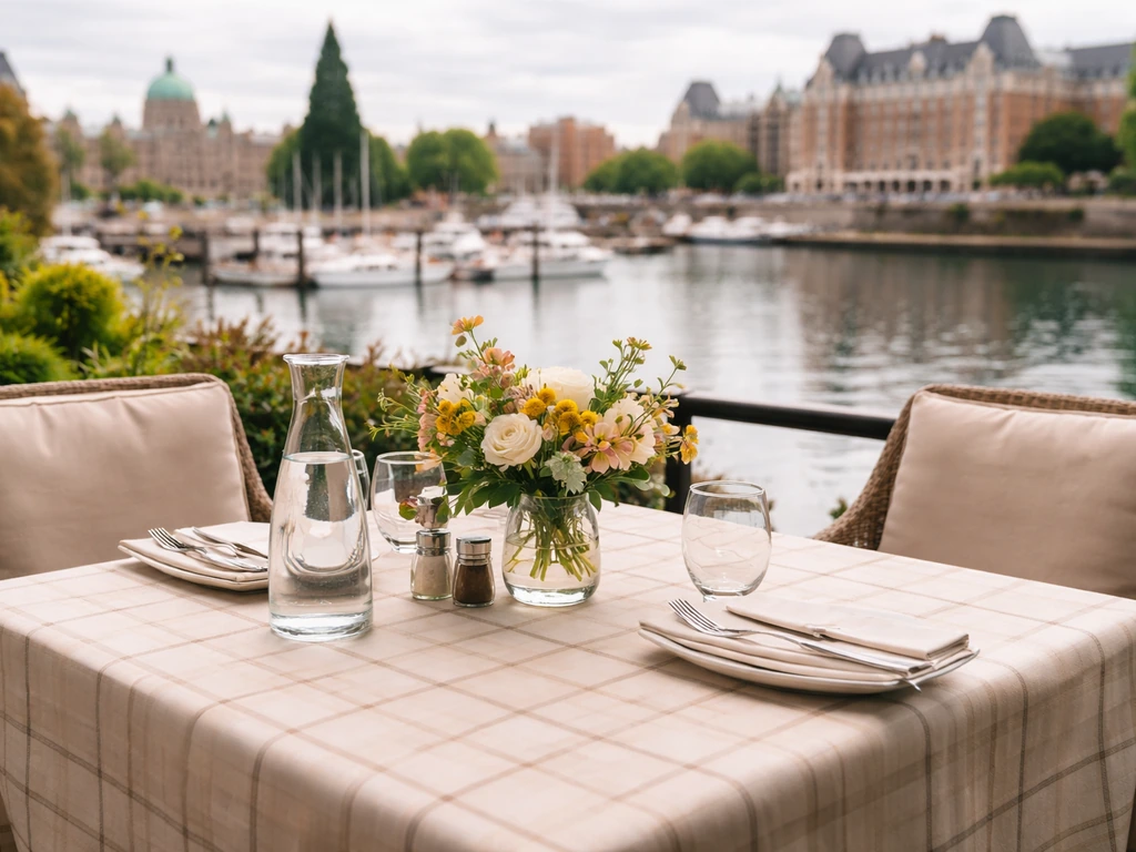 Inviting patio dining setup in Victoria’s Inner Harbour with iconic waterfront landmarks in the background.