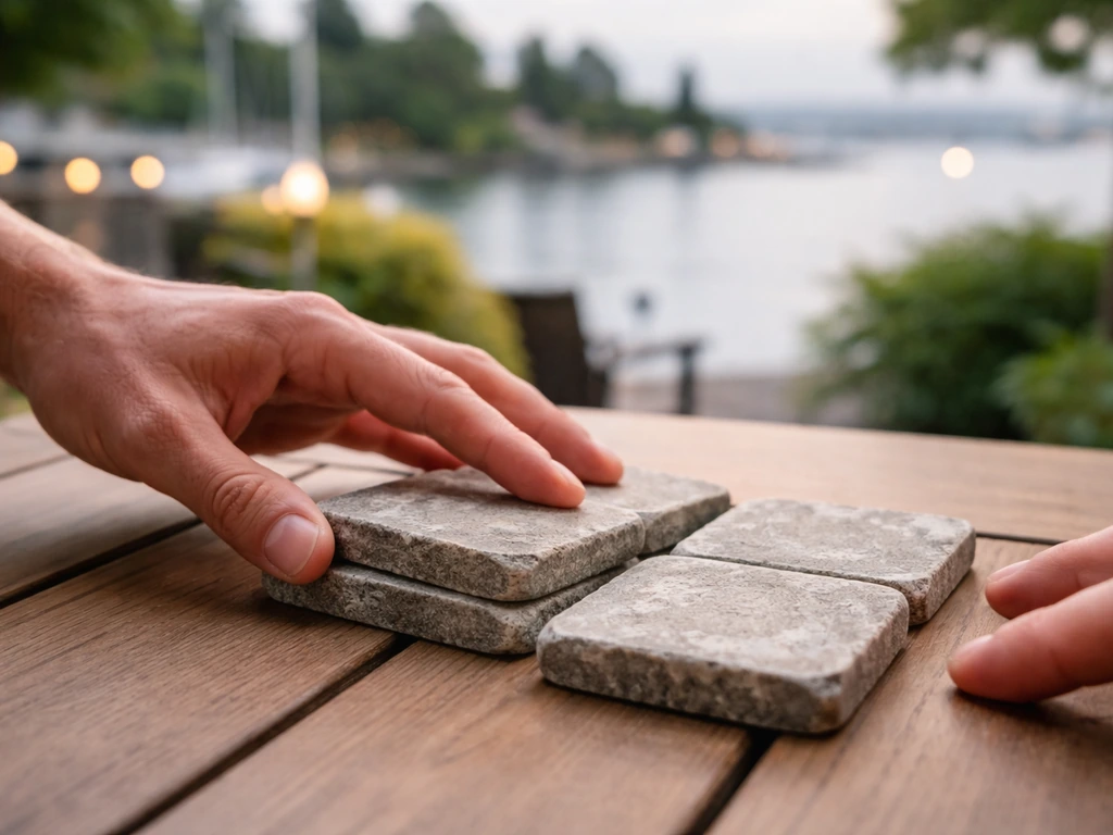 Hands arranging a few patio tiles on a table with a blurred waterfront Victoria patio view behind them.