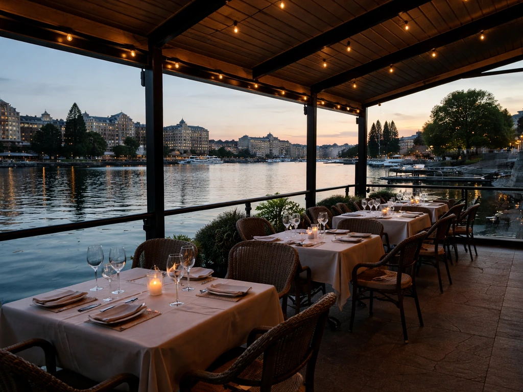 Empty covered dining patio overlooking Victoria’s Inner Harbour waterfront view.