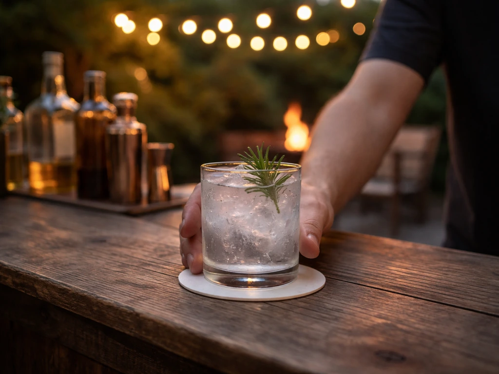 Outdoor patio cocktail bar at dusk with bartender-crafted drinks and warm lighting