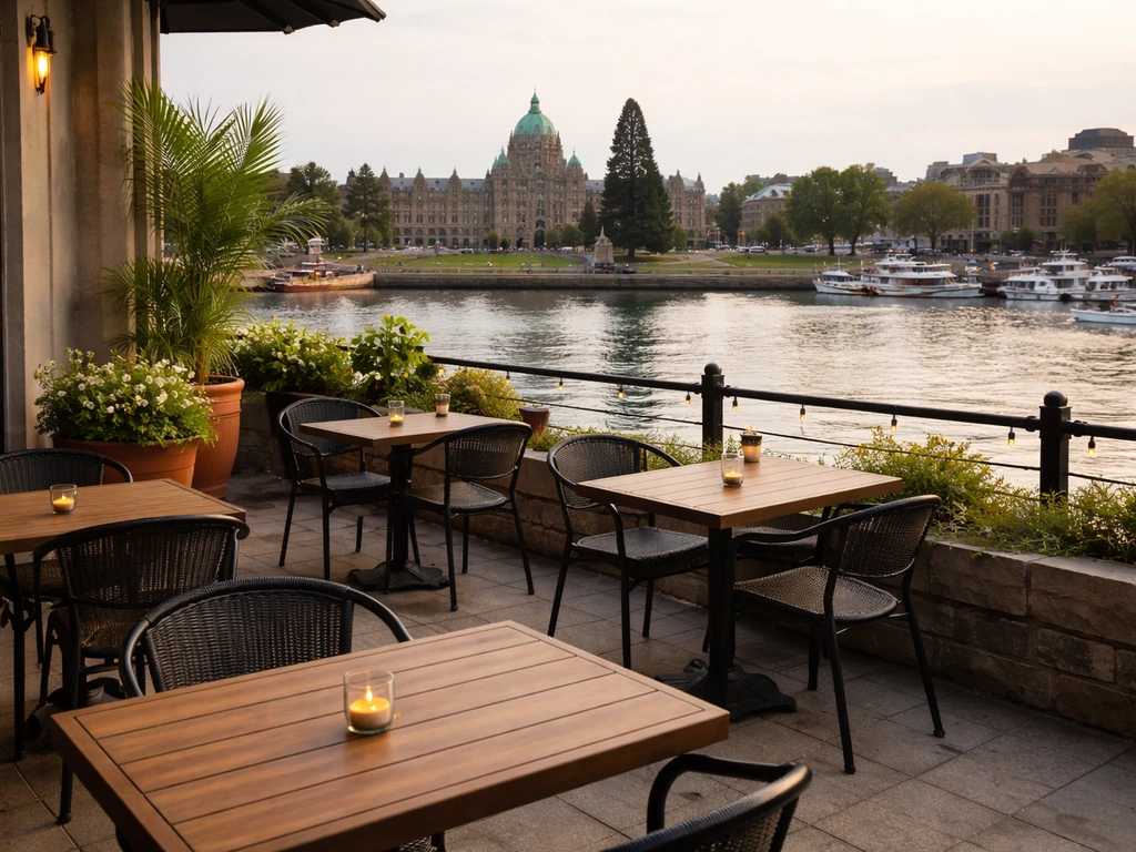 Empty waterfront patio with calm Inner Harbour views toward the BC Parliament Buildings.