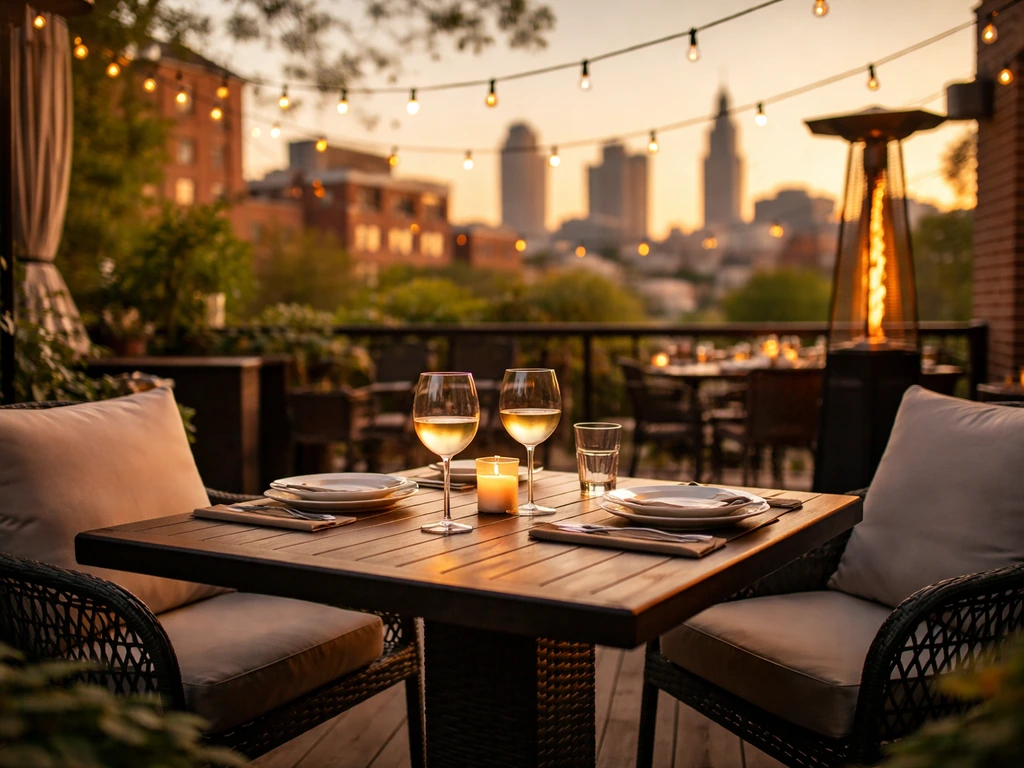 Golden-hour Cleveland outdoor patio with warm lights and a distant skyline backdrop.