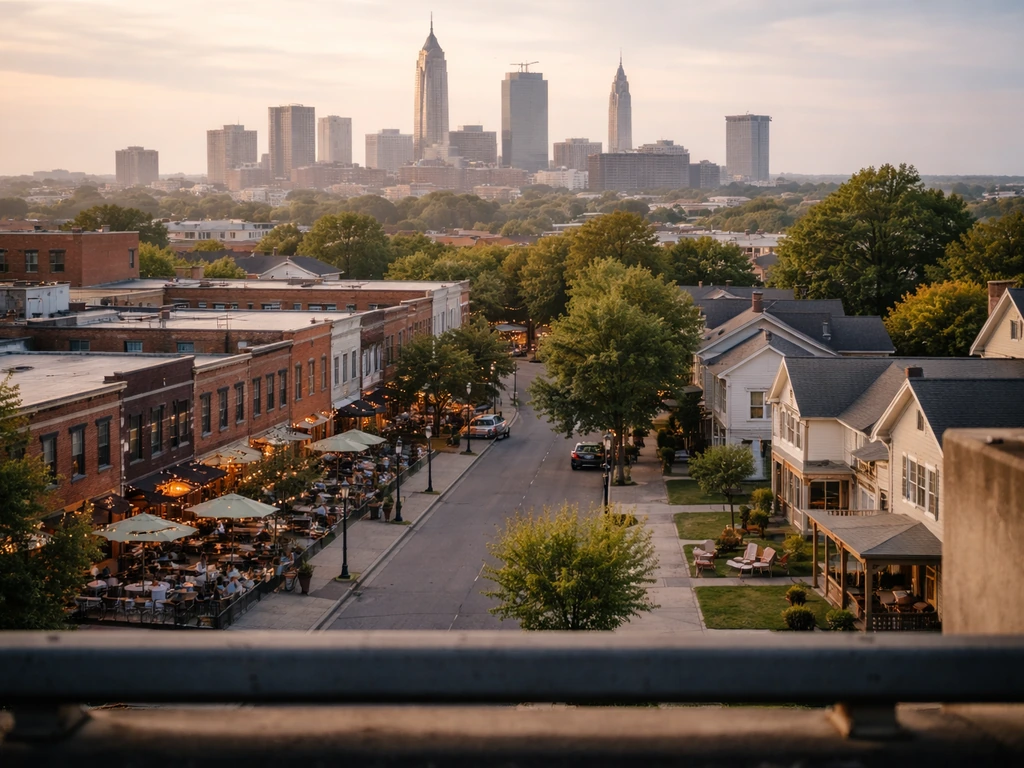 Minimal photo of a Cleveland skyline backdrop with blurred neighborhood streetscape hints for Ohio City, Tremont, and So