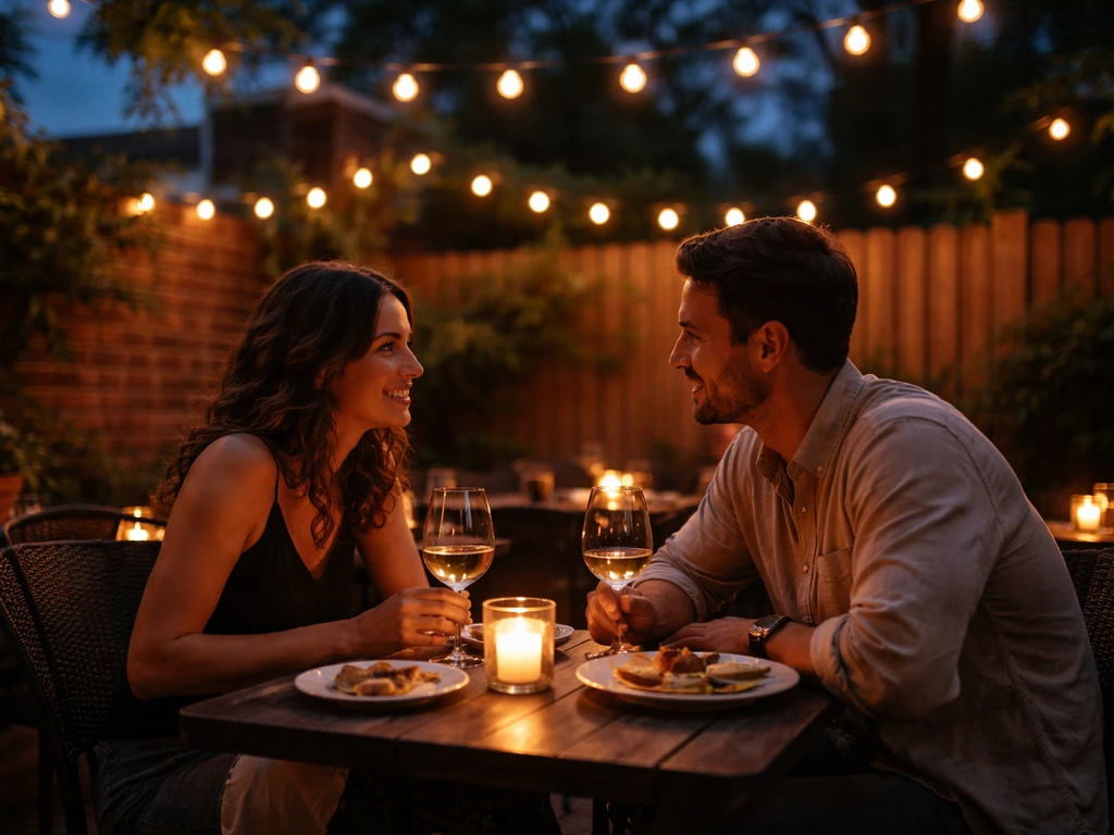 Date-night couple dining on a warmly lit patio in Tremont, Cleveland at dusk.
