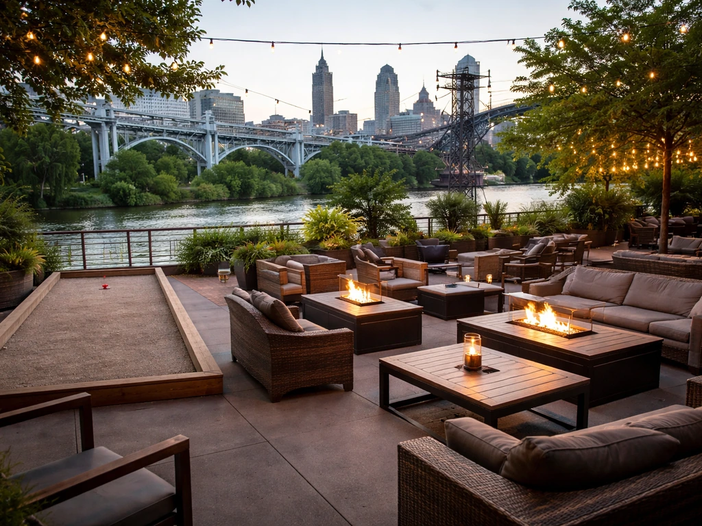 River-view BrewDog-style patio with fire pits and social seating for a group