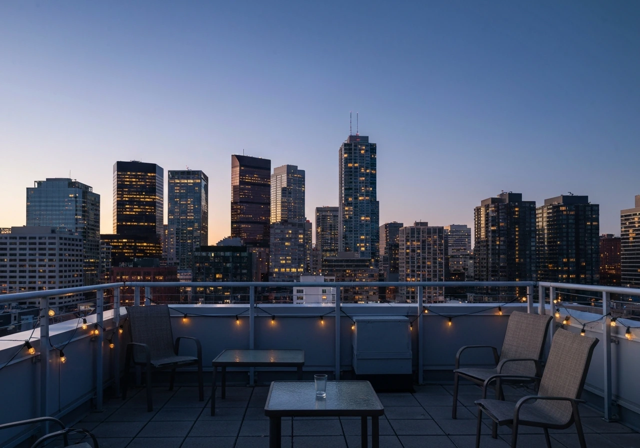 Dusk view of an empty Calgary rooftop patio with city skyline in the background.
