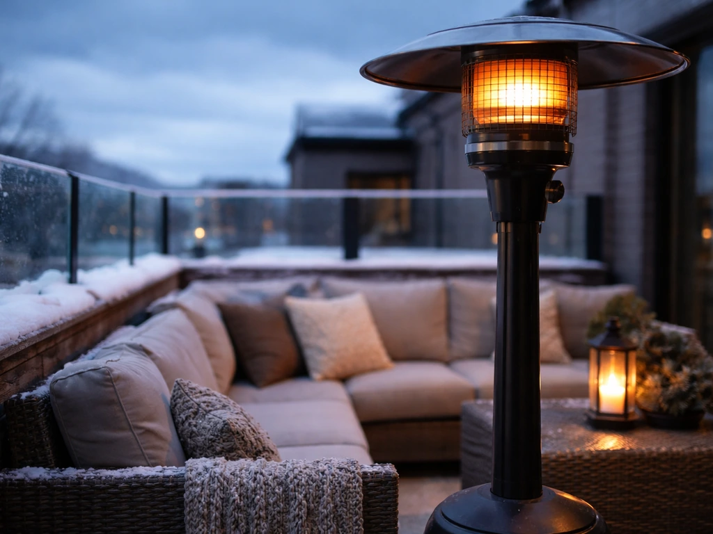 Close-up of a rooftop patio patio heater beside weather-ready outdoor seating in Calgary-like conditions