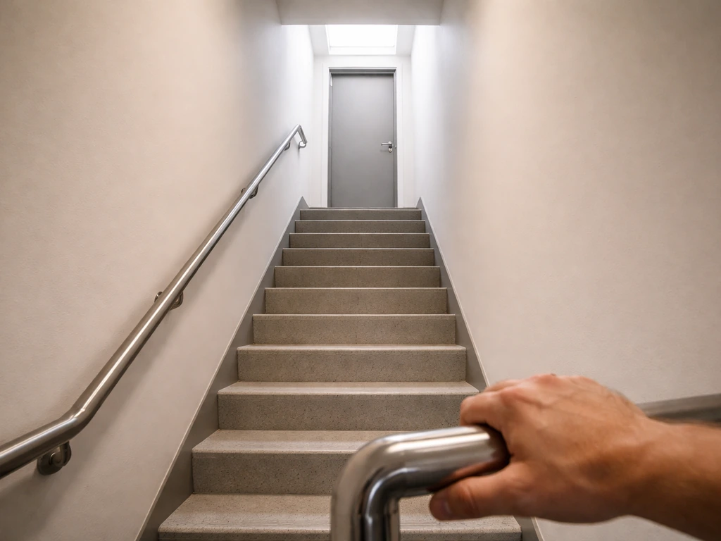Person’s hand on a stair rail with a simple view of an indoor staircase leading toward an upper rooftop door
