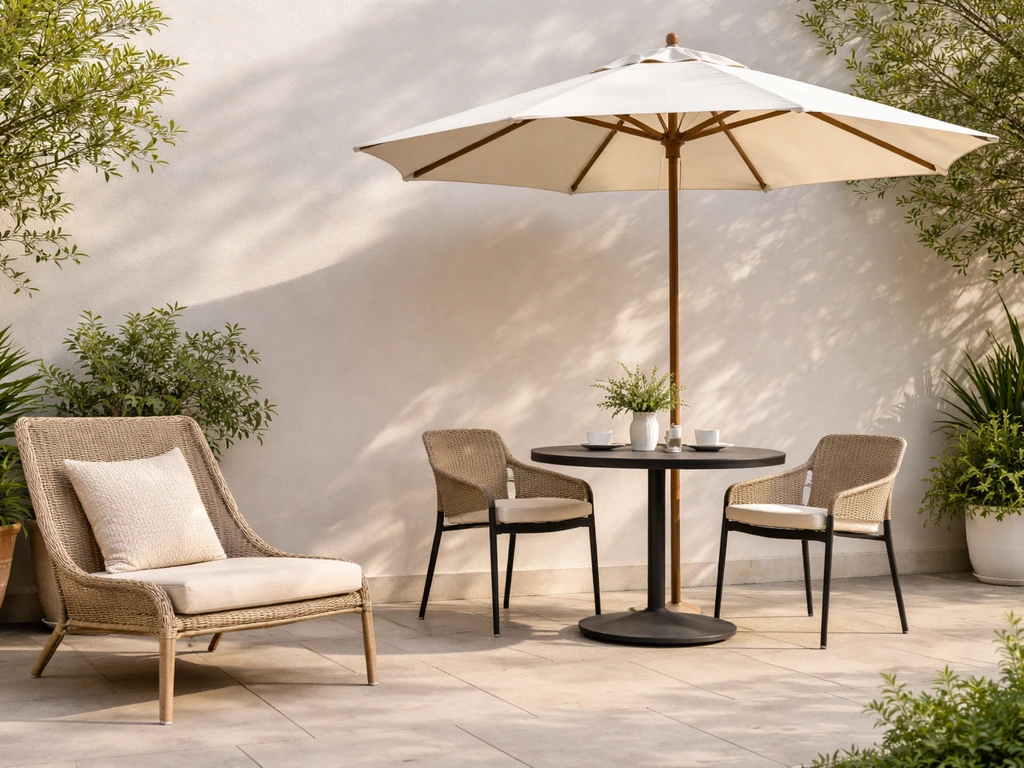 Minimal patio scene with a lounge chair, dining set, and umbrella in soft daylight