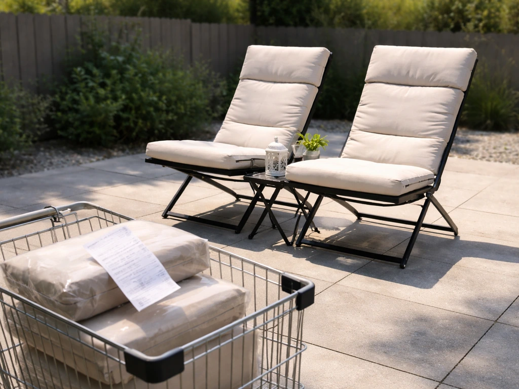 Cluster of patio lounge chairs and an unbranded shopping cart on a stone patio to suggest bulk discounts.