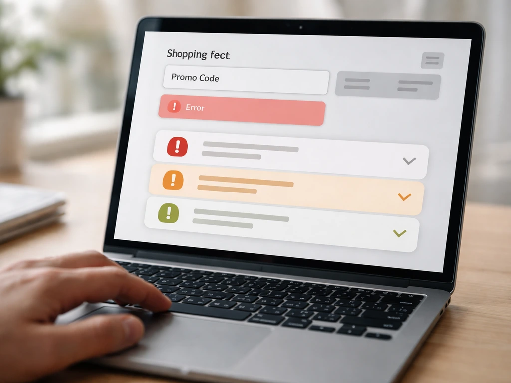 Close-up of a shopping cart on a laptop with visible failed promo code error and three highlighted checklist items