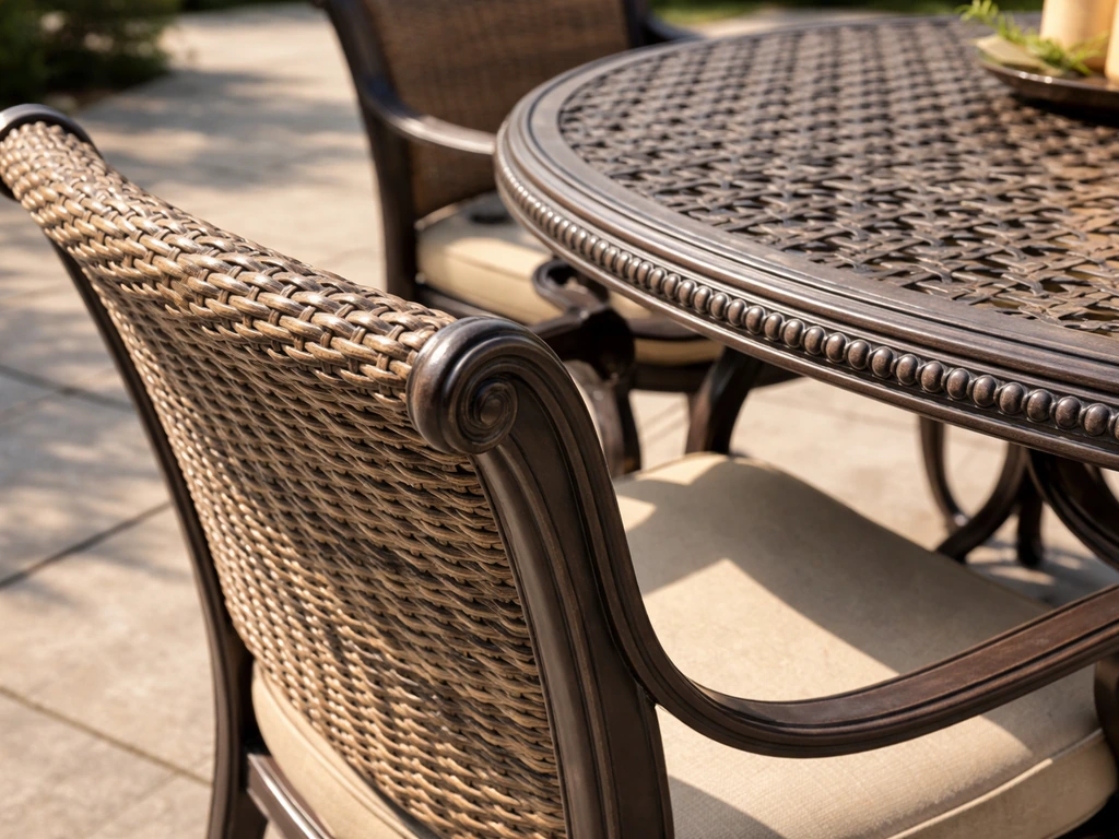 Close-up of an outdoor dining set with bronze table and woven chair on a quiet patio.