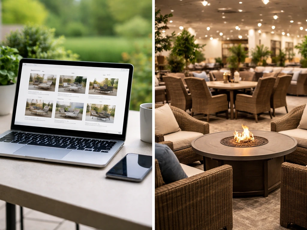 Side-by-side view of an online outdoor furniture browsing laptop and an in-store dining/fire pit set display.