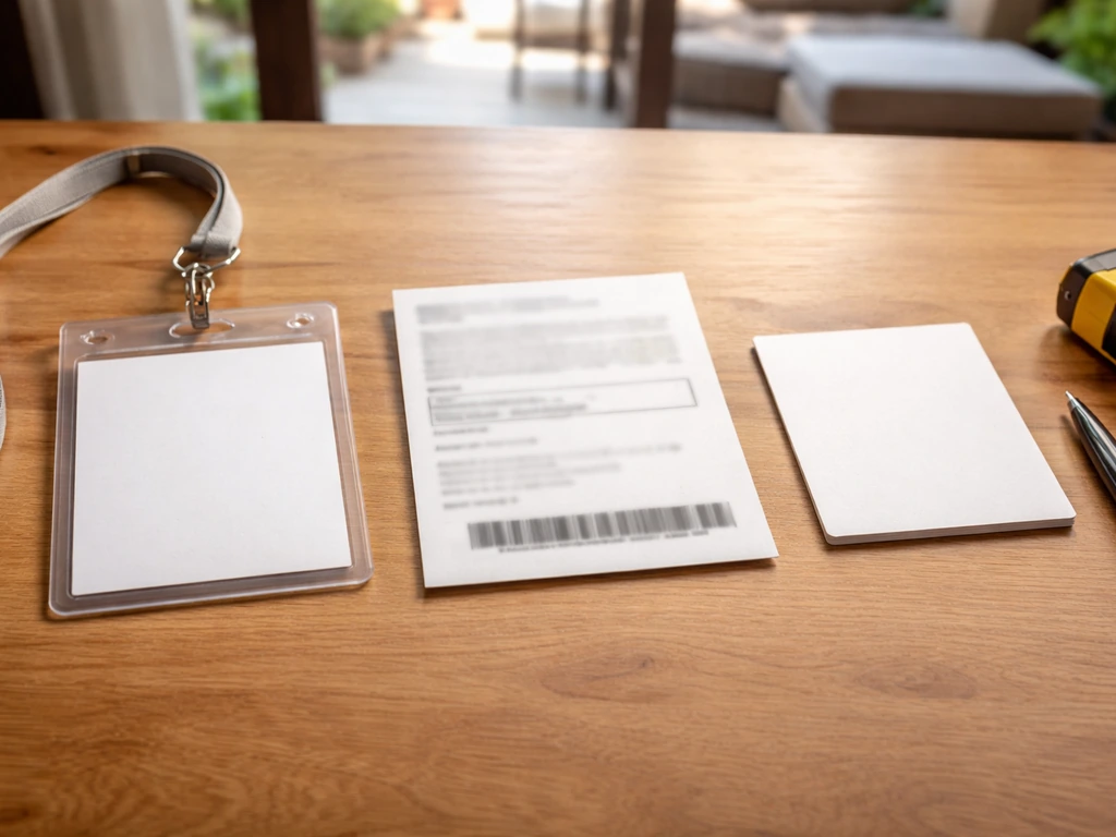 Wooden table with retailer badge card, blurred product label, and delivery/return card for pre-purchase checks.
