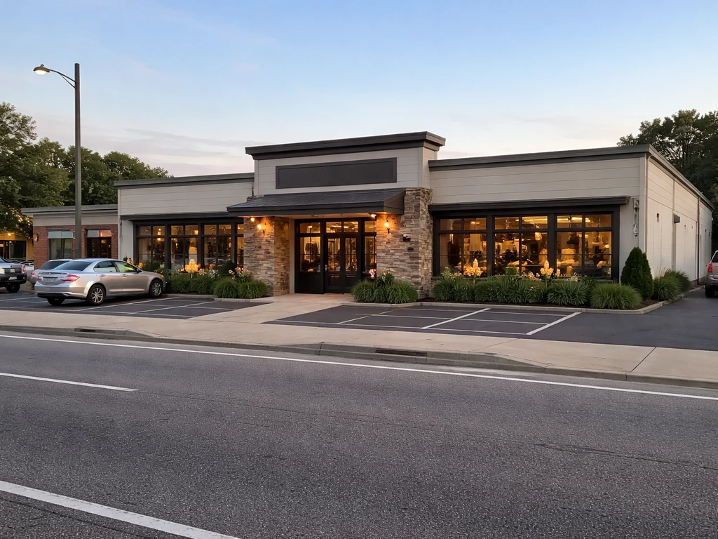 Street-facing view of a restaurant building and on-site parking lot along Jefferson Avenue.