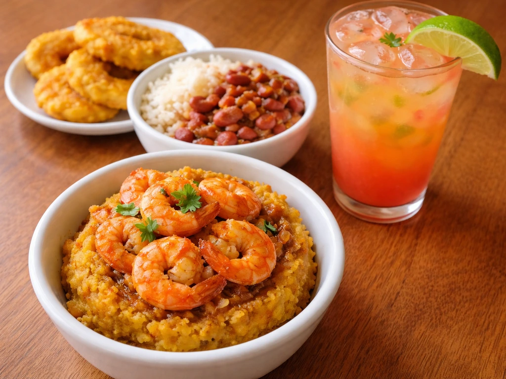 Mofongo with shrimp, rice and beans, fried plantains, and a tropical cocktail on a wooden table.