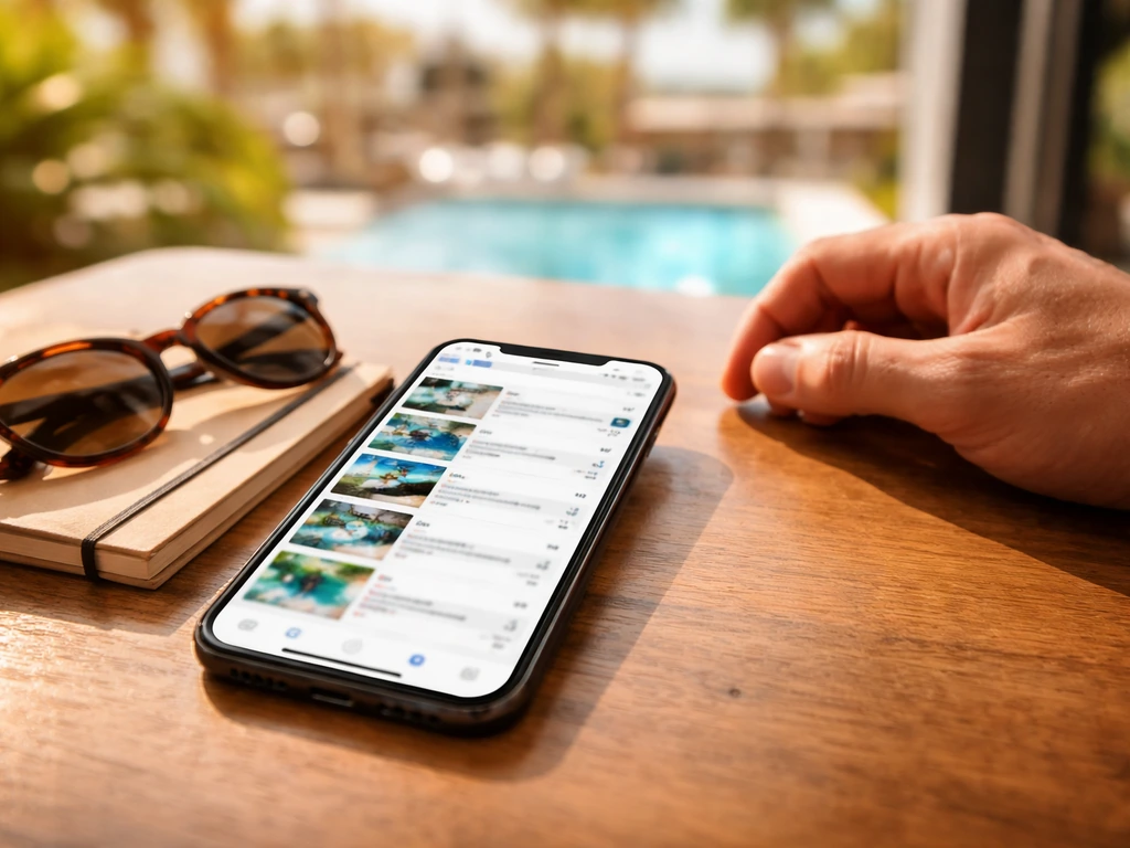iPhone on a table with blurred venue search and shortlist, hinting at nearby pool options