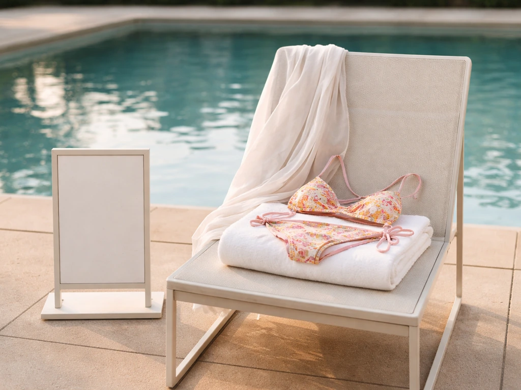 Poolside chair with swimsuit and cover-up, towel neatly placed, and a blank dress code style sign.