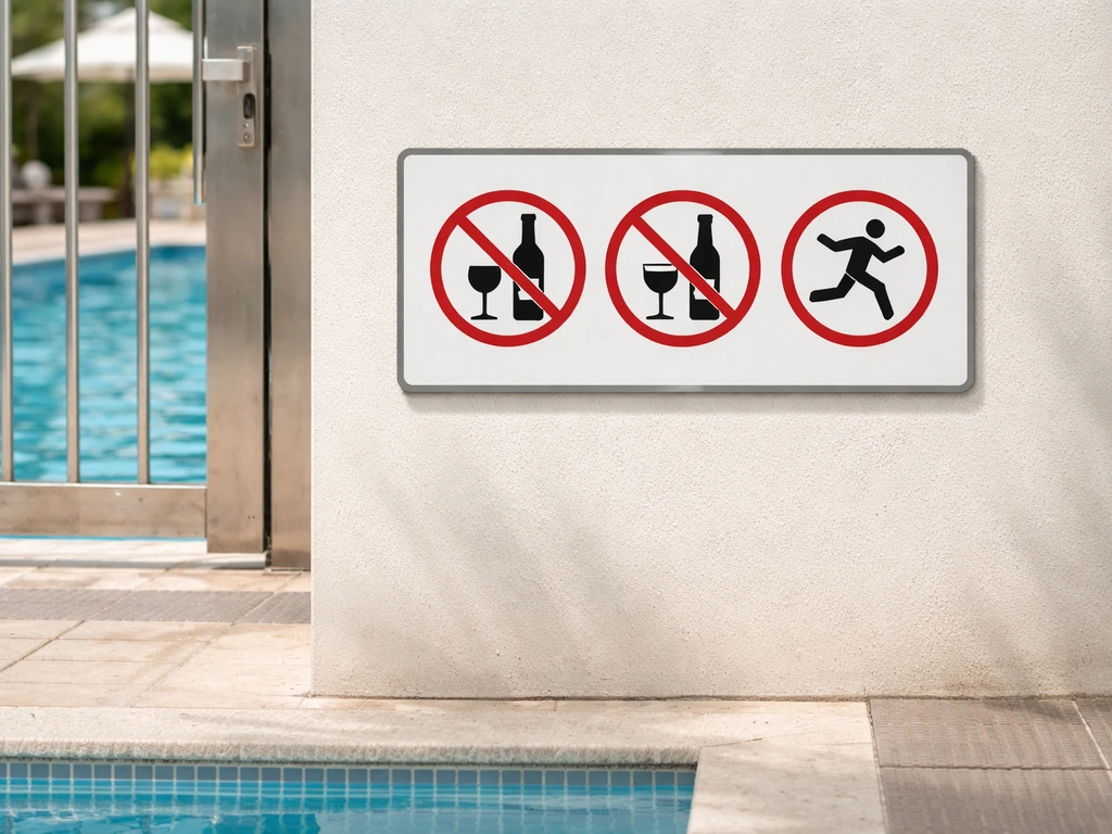 Resort pool deck with a posted no-glass, no-outside-alcohol sign and a clear no-running safety notice
