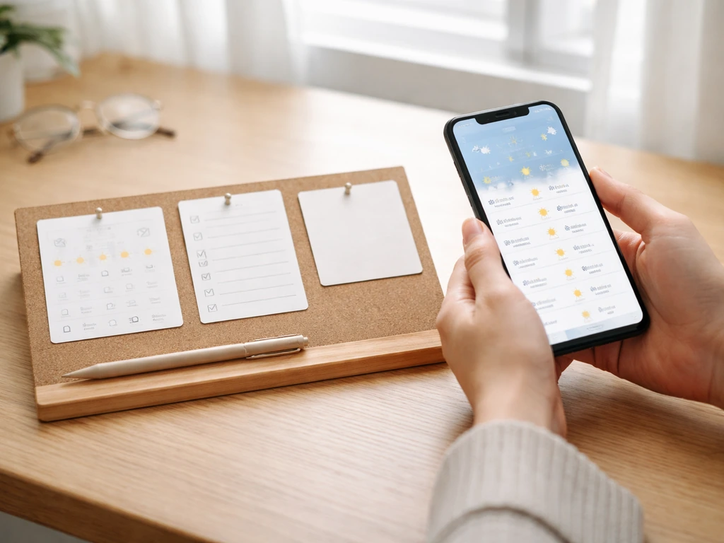 Hands planning today on a desk with a phone weather check and blank hourly/backup cards.