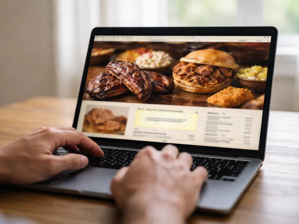 Laptop showing a website menu page with a highlighted area about a BBQ coupon code.